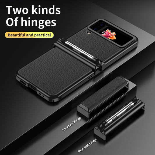 For Samsung Galaxy Z Flip4 Litchi Texture Leather Hinged Electroplated Phone Case with Pen(Black) - Galaxy Z Flip4 5G Cases by buy2fix | Online Shopping UK | buy2fix