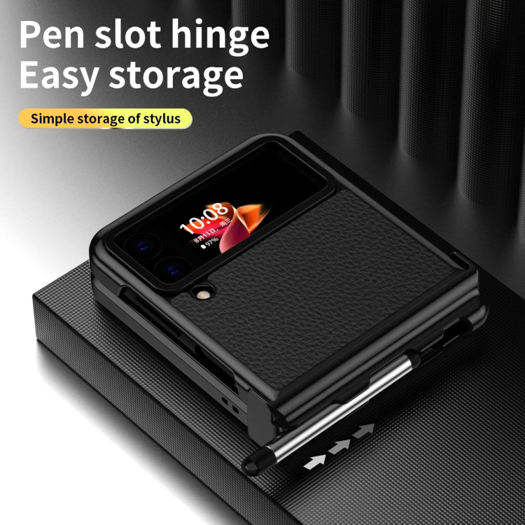 For Samsung Galaxy Z Flip4 Litchi Texture Leather Hinged Electroplated Phone Case with Pen(Black) - Galaxy Z Flip4 5G Cases by buy2fix | Online Shopping UK | buy2fix