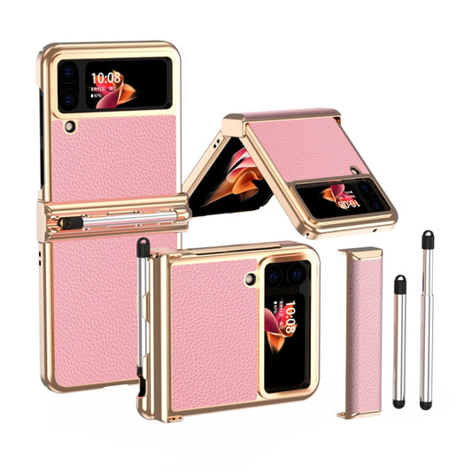 For Samsung Galaxy Z Flip4 Litchi Texture Leather Hinged Electroplated Phone Case with Pen(Gold Pink) - Galaxy Z Flip4 5G Cases by buy2fix | Online Shopping UK | buy2fix