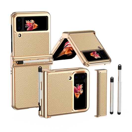 For Samsung Galaxy Z Flip4 Litchi Texture Leather Hinged Electroplated Phone Case with Pen(Gold) - Galaxy Z Flip4 5G Cases by buy2fix | Online Shopping UK | buy2fix