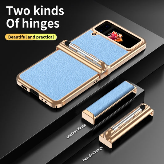 For Samsung Galaxy Z Flip4 Litchi Texture Leather Hinged Electroplated Phone Case with Pen(Gold Blue) - Galaxy Z Flip4 5G Cases by buy2fix | Online Shopping UK | buy2fix