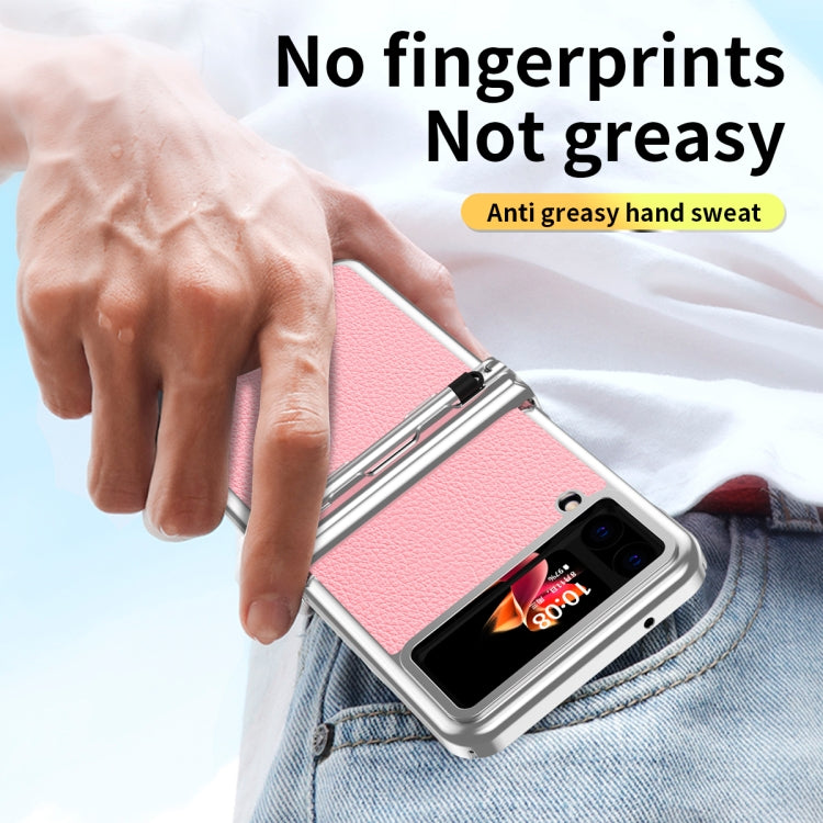 For Samsung Galaxy Z Flip4 Litchi Texture Leather Hinged Electroplated Phone Case with Pen(Silver Pink) - Galaxy Z Flip4 5G Cases by buy2fix | Online Shopping UK | buy2fix
