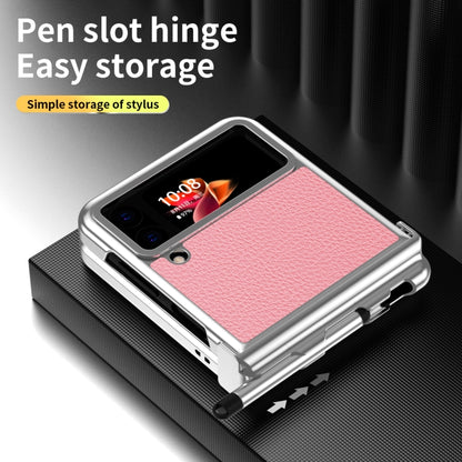For Samsung Galaxy Z Flip4 Litchi Texture Leather Hinged Electroplated Phone Case with Pen(Silver Pink) - Galaxy Z Flip4 5G Cases by buy2fix | Online Shopping UK | buy2fix