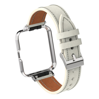 For Xiaomi Mi Watch Lite / Redmi Watch Genuine Leather Metal Case Integrated Watch Band(Warm White+Silver Case) - Watch Bands by buy2fix | Online Shopping UK | buy2fix