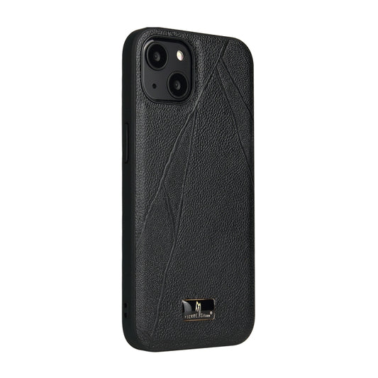 For iPhone 14 Fierre Shann Leather Texture Phone Back Cover Case (Ox Tendon Black) - iPhone 14 Cases by FIERRE SHANN | Online Shopping UK | buy2fix