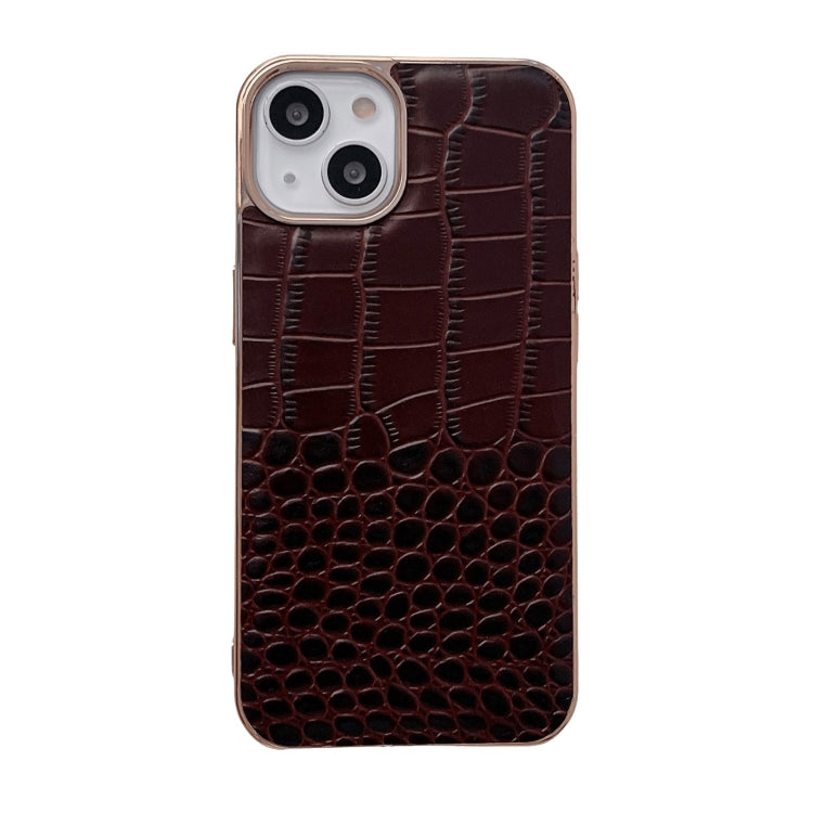 For iPhone 14 Crocodile Texture Genuine Leather Nano Electroplating Phone Case (Coffee) - iPhone 14 Cases by buy2fix | Online Shopping UK | buy2fix