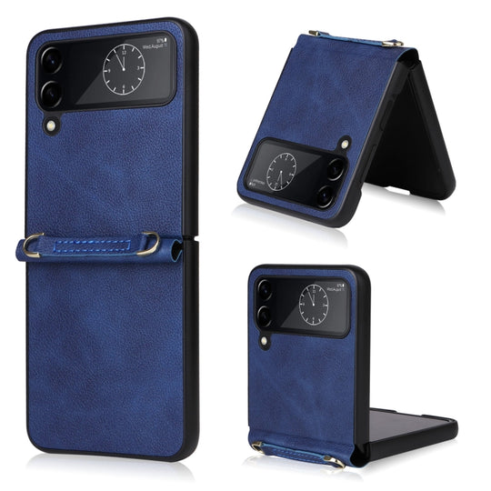 For Samsung Galaxy Z Flip4 Lambskin Texture Leather Phone Case with Lanyard(Blue)