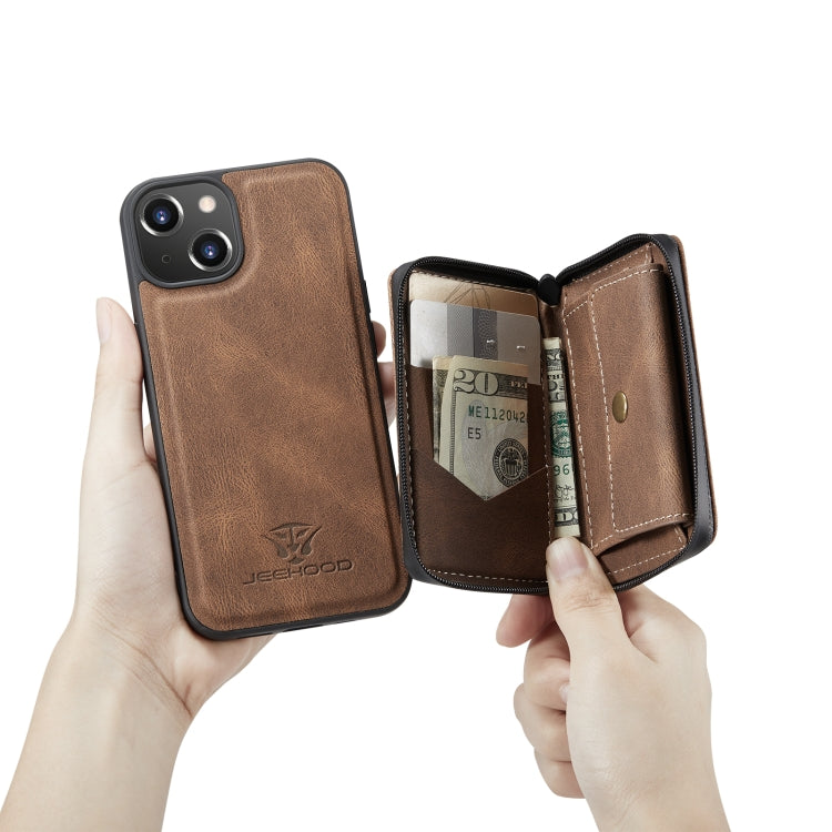 For iPhone 14 JEEHOOD Magnetic Zipper Wallet Leather Phone Case (Brown) - iPhone 14 Cases by JEEHOOD | Online Shopping UK | buy2fix