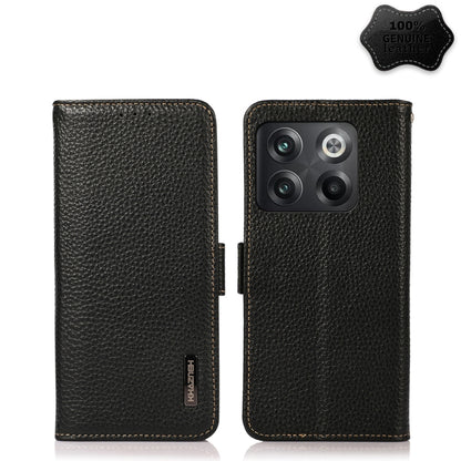 For OnePlus 10T/Ace Pro KHAZNEH Side-Magnetic Litchi Genuine Leather RFID Phone Case(Black) - OnePlus Cases by buy2fix | Online Shopping UK | buy2fix