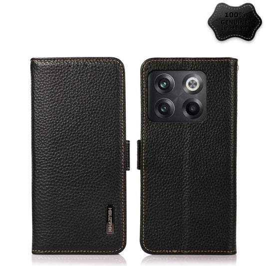 For OnePlus 10T/Ace Pro KHAZNEH Side-Magnetic Litchi Genuine Leather RFID Phone Case(Black) - OnePlus Cases by buy2fix | Online Shopping UK | buy2fix