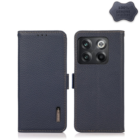 For OnePlus 10T/Ace Pro KHAZNEH Side-Magnetic Litchi Genuine Leather RFID Phone Case(Blue) - OnePlus Cases by buy2fix | Online Shopping UK | buy2fix