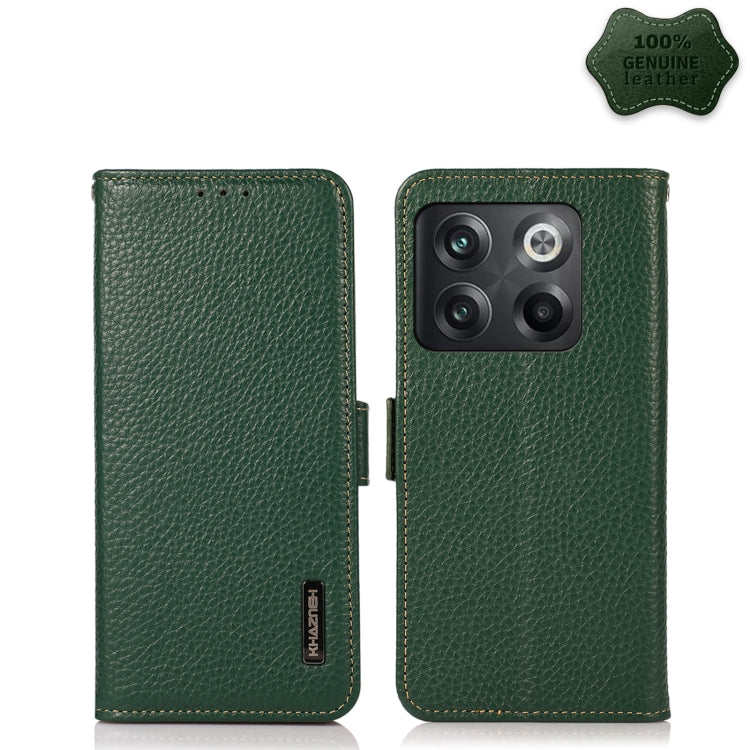 For OnePlus 10T/Ace Pro KHAZNEH Side-Magnetic Litchi Genuine Leather RFID Phone Case(Green) - OnePlus Cases by buy2fix | Online Shopping UK | buy2fix