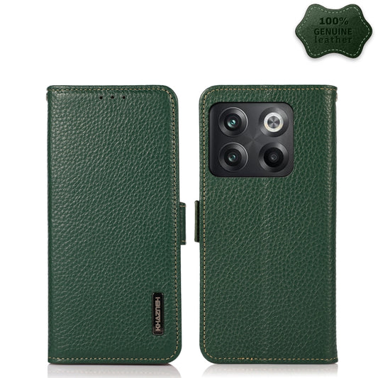 For OnePlus 10T/Ace Pro KHAZNEH Side-Magnetic Litchi Genuine Leather RFID Phone Case(Green) - OnePlus Cases by buy2fix | Online Shopping UK | buy2fix