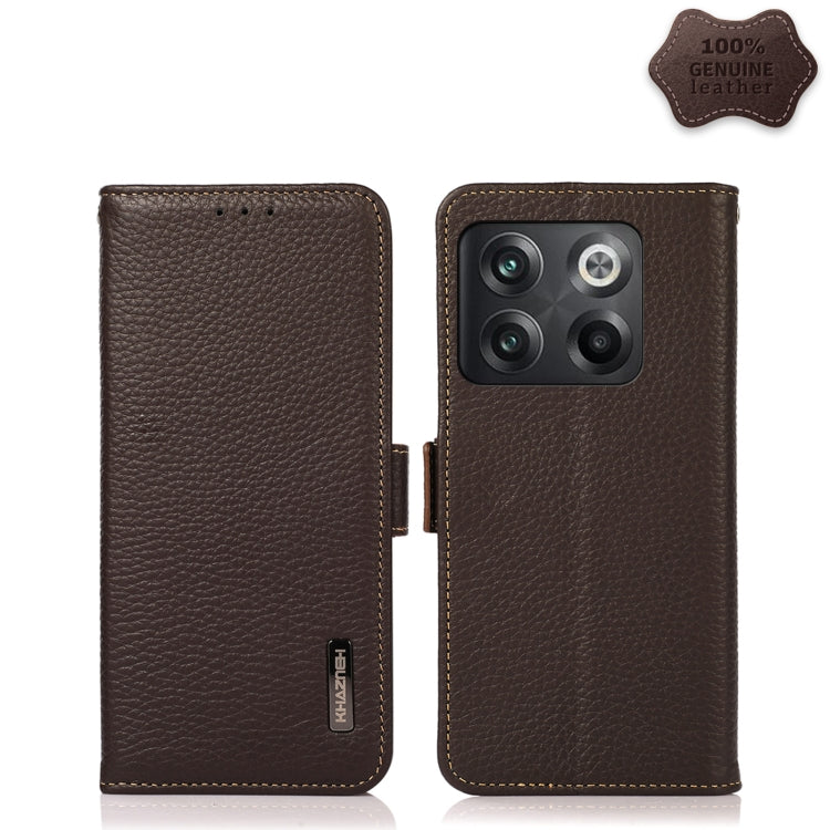 For OnePlus 10T/Ace Pro KHAZNEH Side-Magnetic Litchi Genuine Leather RFID Phone Case(Brown) - OnePlus Cases by buy2fix | Online Shopping UK | buy2fix