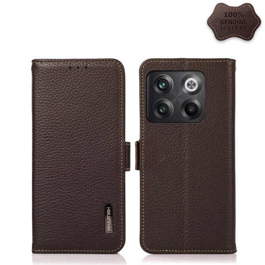For OnePlus 10T/Ace Pro KHAZNEH Side-Magnetic Litchi Genuine Leather RFID Phone Case(Brown) - OnePlus Cases by buy2fix | Online Shopping UK | buy2fix