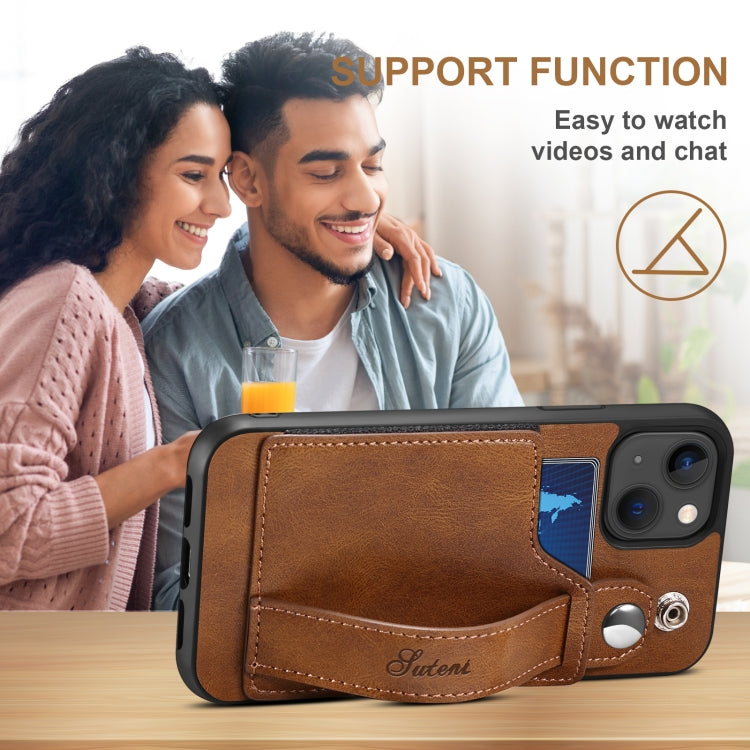 For iPhone 13 Suteni 215 Wrist Strap PU Phone Case(Brown) - iPhone 13 Cases by Suteni | Online Shopping UK | buy2fix