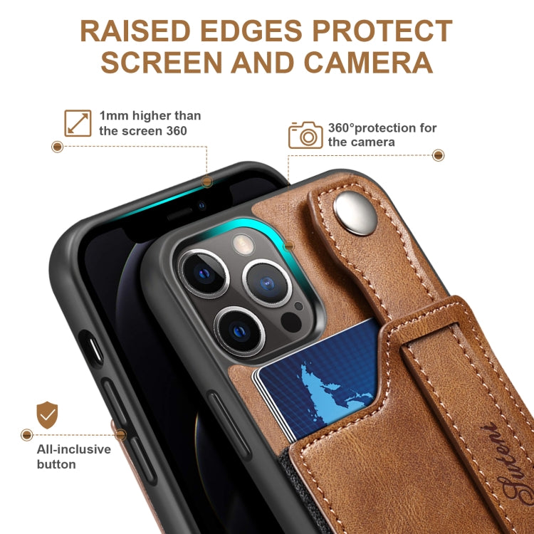 For iPhone 12 Pro Suteni 215 Wrist Strap PU Phone Case(Brown) - iPhone 12 / 12 Pro Cases by Suteni | Online Shopping UK | buy2fix