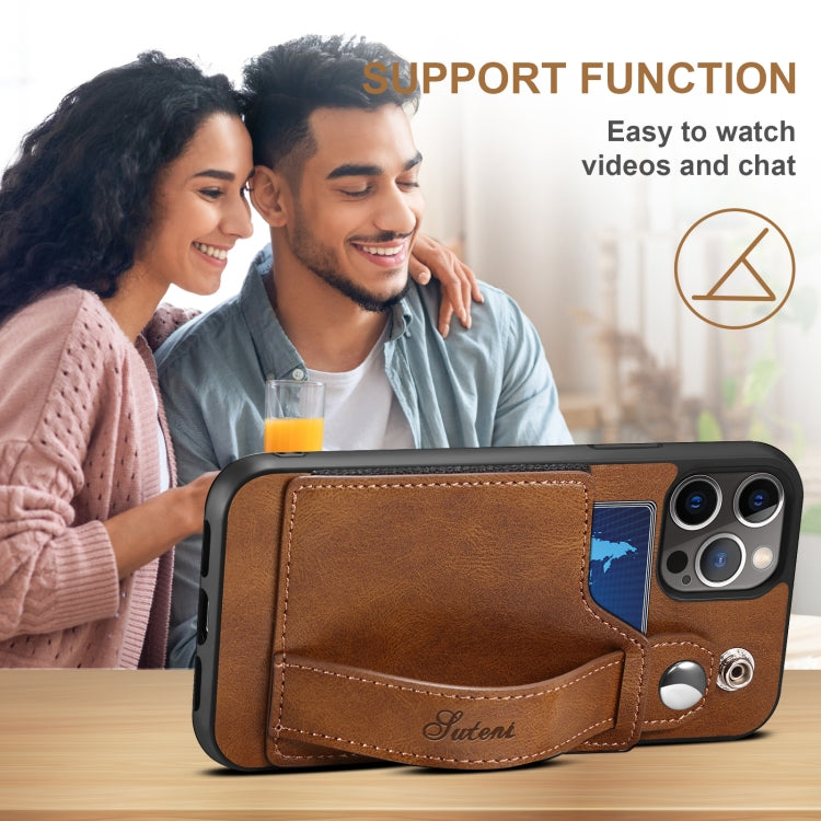 For iPhone 12 Pro Suteni 215 Wrist Strap PU Phone Case(Brown) - iPhone 12 / 12 Pro Cases by Suteni | Online Shopping UK | buy2fix