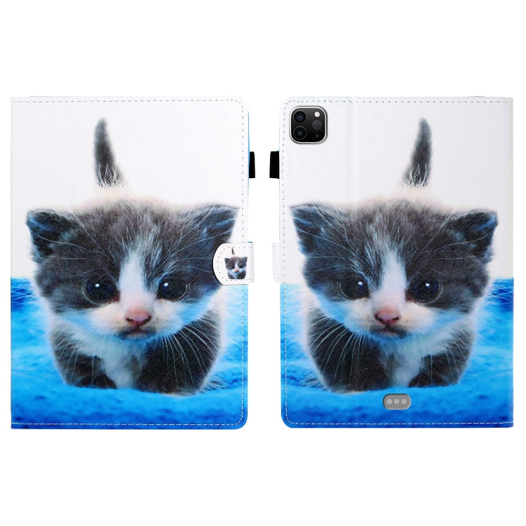 For iPad Pro 11 inch 2020 Painted Left and Right Flat Leather Tablet Case with Sleep Function & Card Slot & Buckle Anti-skid Strip and Bracket(Blue White Cat) - iPad Pro 11 (2020) Cases by buy2fix | Online Shopping UK | buy2fix