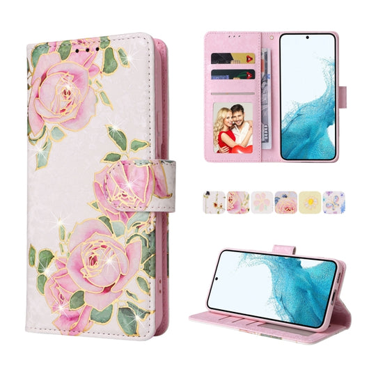 For Samsung Galaxy S22 Bronzing Painting RFID Leather Case(Rose Flower)