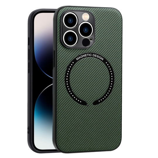 For iPhone 14 Pro Max Carbon Fiber Texture MagSafe Magnetic Phone Case (Dark Green)