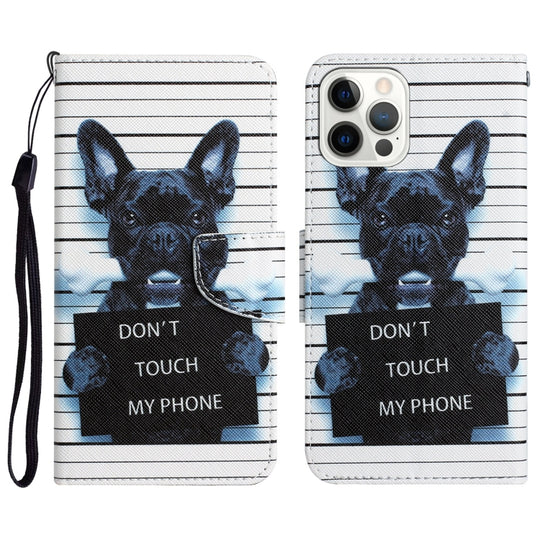 For iPhone 14 Pro Max Colored Drawing Leather Phone Case (Black Dog)
