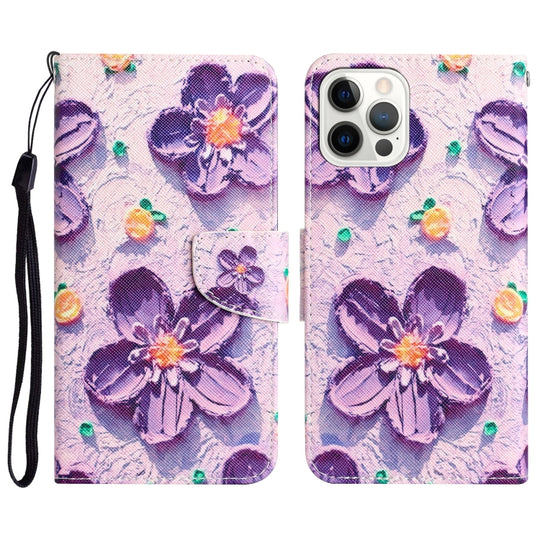 For iPhone 14 Pro Max Colored Drawing Leather Phone Case (Purple Flower)