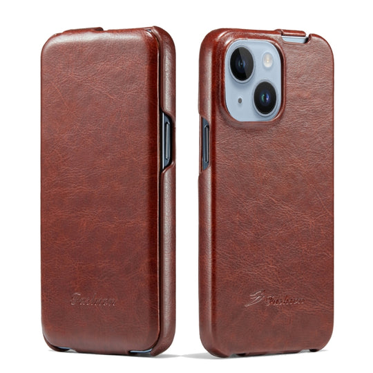 For iPhone 14 Fierre Shann Oil Wax Texture Vertical Flip PU Phone Case (Brown)