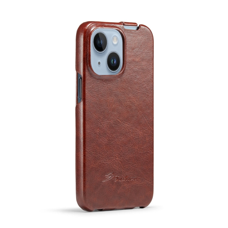 For iPhone 14 Fierre Shann Oil Wax Texture Vertical Flip PU Phone Case (Brown) - iPhone 14 Cases by FIERRE SHANN | Online Shopping UK | buy2fix