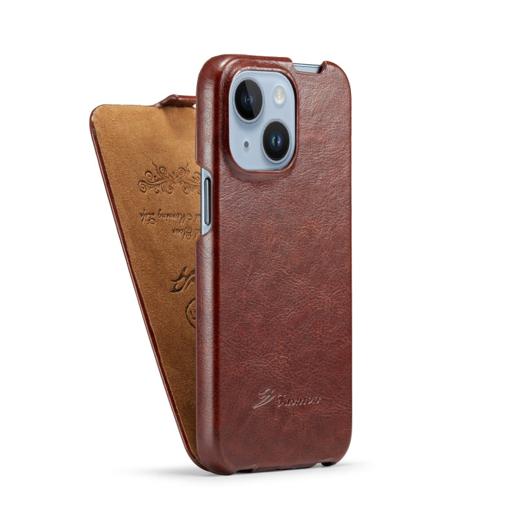 For iPhone 14 Fierre Shann Oil Wax Texture Vertical Flip PU Phone Case (Brown) - iPhone 14 Cases by FIERRE SHANN | Online Shopping UK | buy2fix