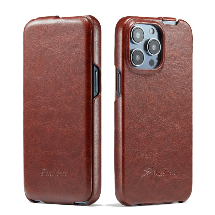 For iPhone 14 Pro Fierre Shann Oil Wax Texture Vertical Flip PU Phone Case(Brown) - iPhone 14 Pro Cases by FIERRE SHANN | Online Shopping UK | buy2fix