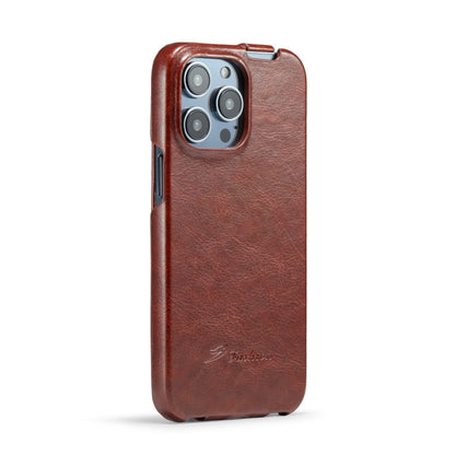 For iPhone 14 Pro Fierre Shann Oil Wax Texture Vertical Flip PU Phone Case(Brown) - iPhone 14 Pro Cases by FIERRE SHANN | Online Shopping UK | buy2fix