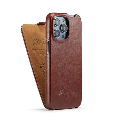 For iPhone 14 Pro Fierre Shann Oil Wax Texture Vertical Flip PU Phone Case(Brown) - iPhone 14 Pro Cases by FIERRE SHANN | Online Shopping UK | buy2fix