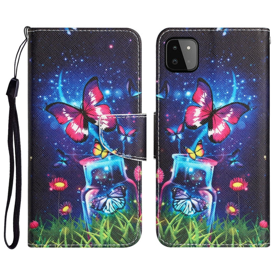 For Samsung Galaxy A22 5G Colored Drawing Leather Phone Case(Bottle Butterfly)