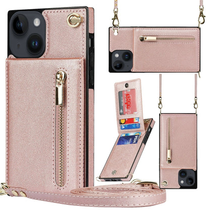For iPhone 14 Cross-body Zipper Square Phone Case with Holder (Rose Gold) - iPhone 14 Cases by buy2fix | Online Shopping UK | buy2fix
