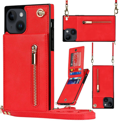 For iPhone 14 Plus Cross-body Zipper Square Phone Case with Holder (Red) - iPhone 14 Plus Cases by buy2fix | Online Shopping UK | buy2fix