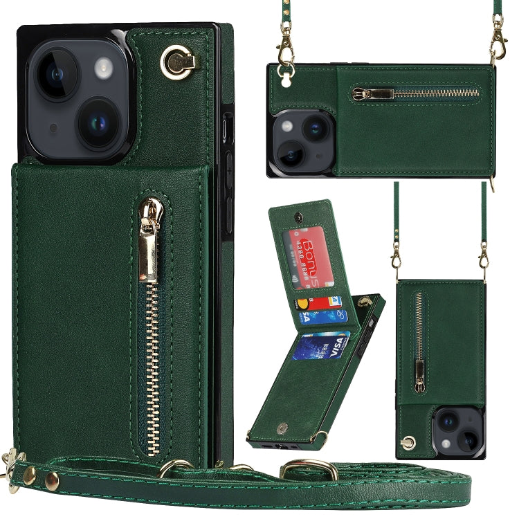For iPhone 14 Plus Cross-body Zipper Square Phone Case with Holder (Green) - iPhone 14 Plus Cases by buy2fix | Online Shopping UK | buy2fix