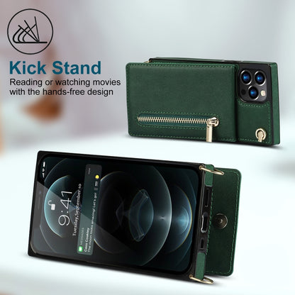 For iPhone 14 Plus Cross-body Zipper Square Phone Case with Holder (Green) - iPhone 14 Plus Cases by buy2fix | Online Shopping UK | buy2fix