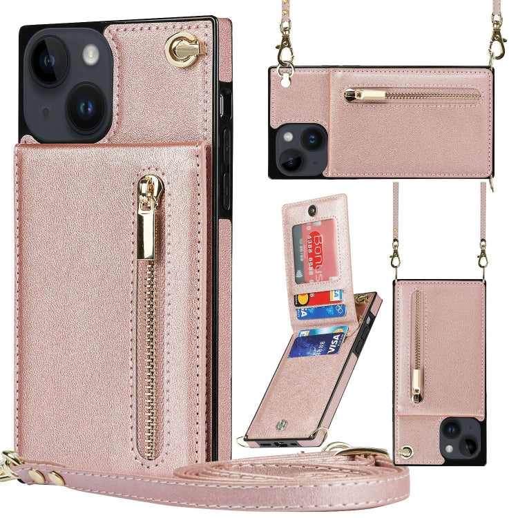 For iPhone 14 Plus Cross-body Zipper Square Phone Case with Holder (Rose Gold) - iPhone 14 Plus Cases by buy2fix | Online Shopping UK | buy2fix