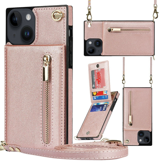 For iPhone 14 Plus Cross-body Zipper Square Phone Case with Holder (Rose Gold) - iPhone 14 Plus Cases by buy2fix | Online Shopping UK | buy2fix