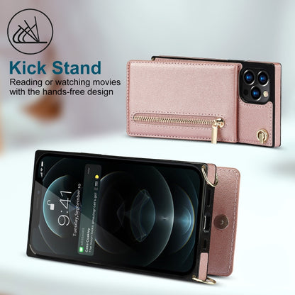 For iPhone 14 Plus Cross-body Zipper Square Phone Case with Holder (Rose Gold) - iPhone 14 Plus Cases by buy2fix | Online Shopping UK | buy2fix