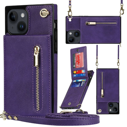 For iPhone 14 Plus Cross-body Zipper Square Phone Case with Holder (Purple) - iPhone 14 Plus Cases by buy2fix | Online Shopping UK | buy2fix
