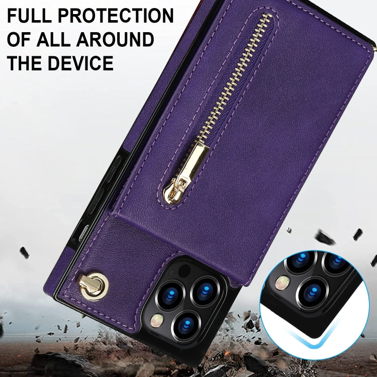 For iPhone 14 Plus Cross-body Zipper Square Phone Case with Holder (Purple) - iPhone 14 Plus Cases by buy2fix | Online Shopping UK | buy2fix