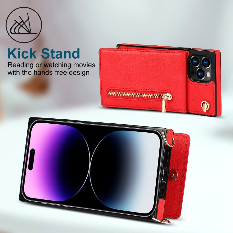 For iPhone 14 Pro Cross-body Zipper Square Phone Case with Holder(Red) - iPhone 14 Pro Cases by buy2fix | Online Shopping UK | buy2fix