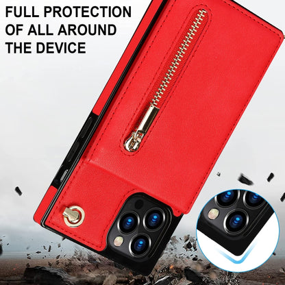 For iPhone 14 Pro Cross-body Zipper Square Phone Case with Holder(Red) - iPhone 14 Pro Cases by buy2fix | Online Shopping UK | buy2fix