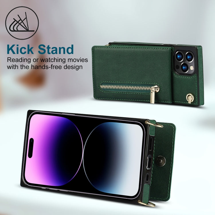 For iPhone 14 Pro Cross-body Zipper Square Phone Case with Holder(Green) - iPhone 14 Pro Cases by buy2fix | Online Shopping UK | buy2fix