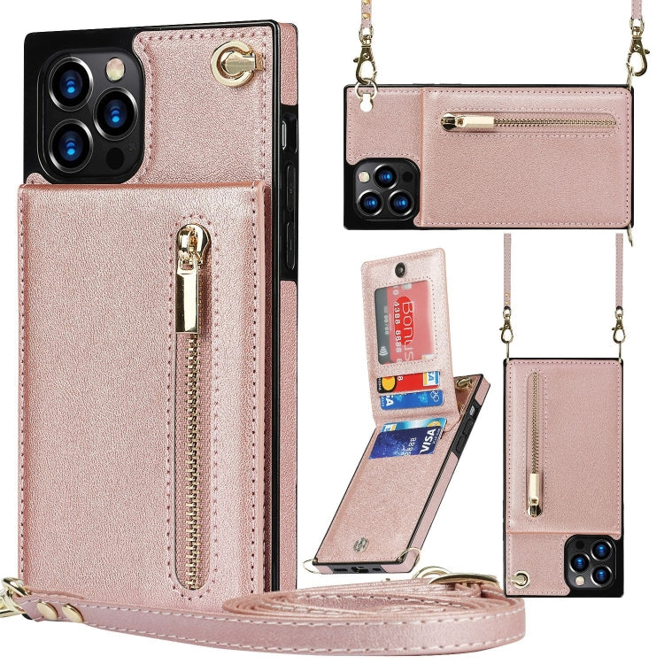 For iPhone 14 Pro Cross-body Zipper Square Phone Case with Holder(Rose Gold) - iPhone 14 Pro Cases by buy2fix | Online Shopping UK | buy2fix