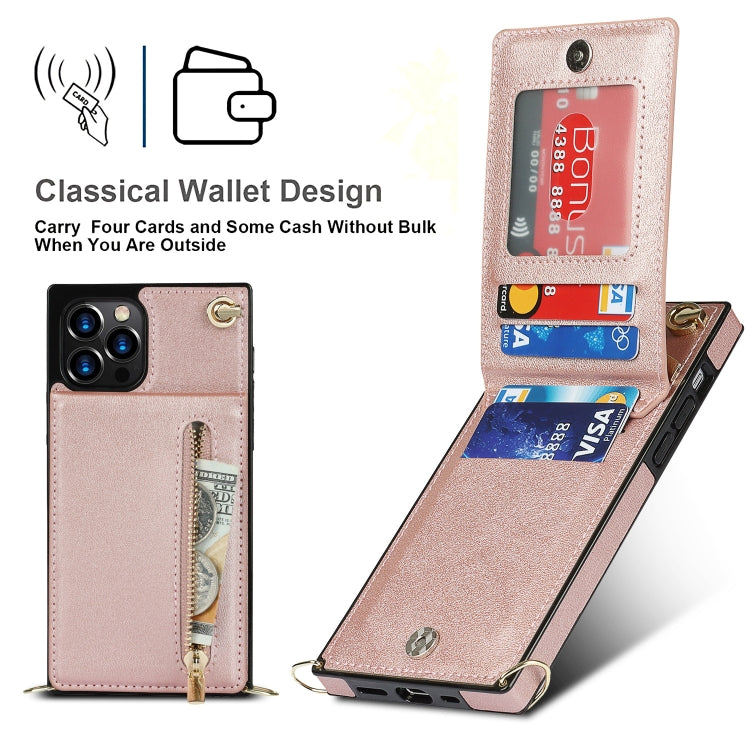 For iPhone 14 Pro Cross-body Zipper Square Phone Case with Holder(Rose Gold) - iPhone 14 Pro Cases by buy2fix | Online Shopping UK | buy2fix