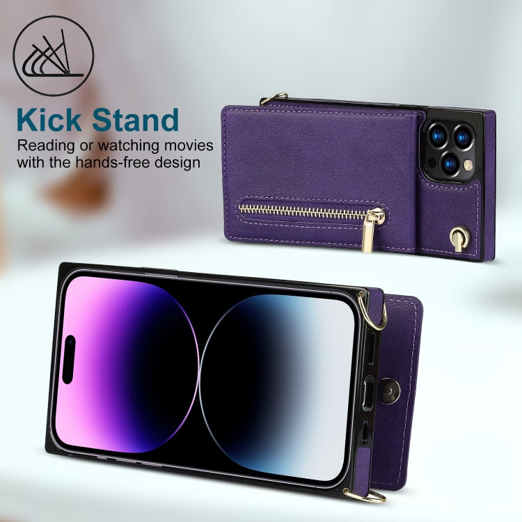 For iPhone 14 Pro Cross-body Zipper Square Phone Case with Holder(Purple) - iPhone 14 Pro Cases by buy2fix | Online Shopping UK | buy2fix