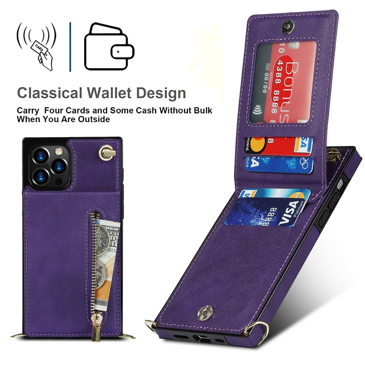 For iPhone 14 Pro Cross-body Zipper Square Phone Case with Holder(Purple) - iPhone 14 Pro Cases by buy2fix | Online Shopping UK | buy2fix